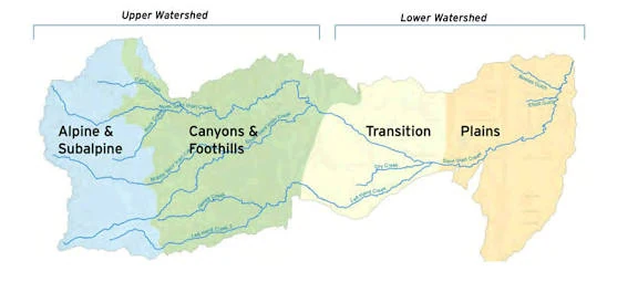 Diagram of the watershed divided into alpine and subalpine, canyons and foothills, transition, and plains